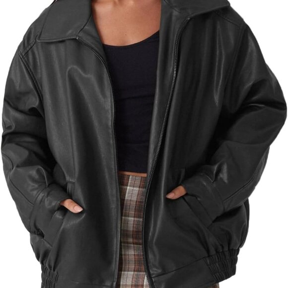 Womens Oversized Faux Leather Motocycle Jacket Zip Up Outwear Coat with Pockets - Picture 1 of 4